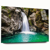 Large abstract wall art depicting a Vermont landscape in muted green and blue tones, acrylic glass.