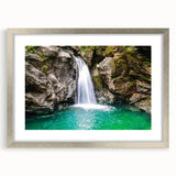 Textured abstract art print depicting a serene Vermont landscape in muted earth tones, framed in silver.