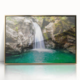 A mid-century modernist landscape of Vermont in autumn with vivid orange and red foliage, framed acrylic print.