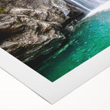 Art deco poster featuring a serene Vermont landscape in muted green and blue tones on rolled canvas.