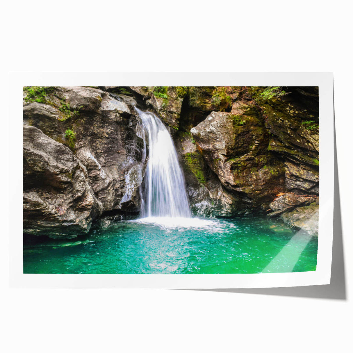 Serene Vermont landscape with lush greenery and mountain backdrop on a rolled canvas, ideal for dining room wall art.