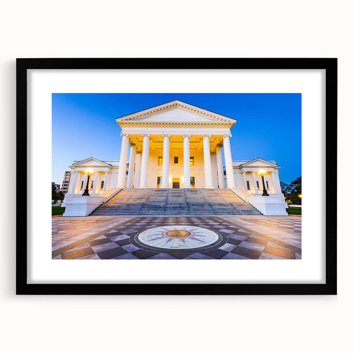 Abstract art print of a colorful Virginia landscape in vibrant hues on a large framed canvas, ideal for living room decor.