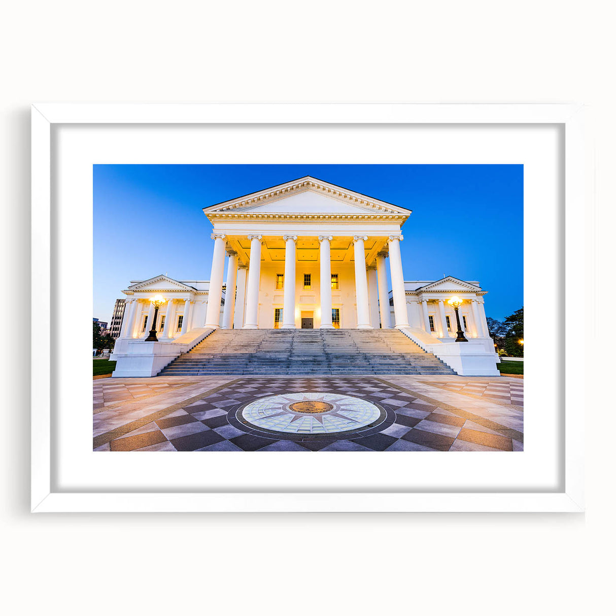 Abstract art print of a Virginia landscape in muted green and blue tones on a white framed canvas.