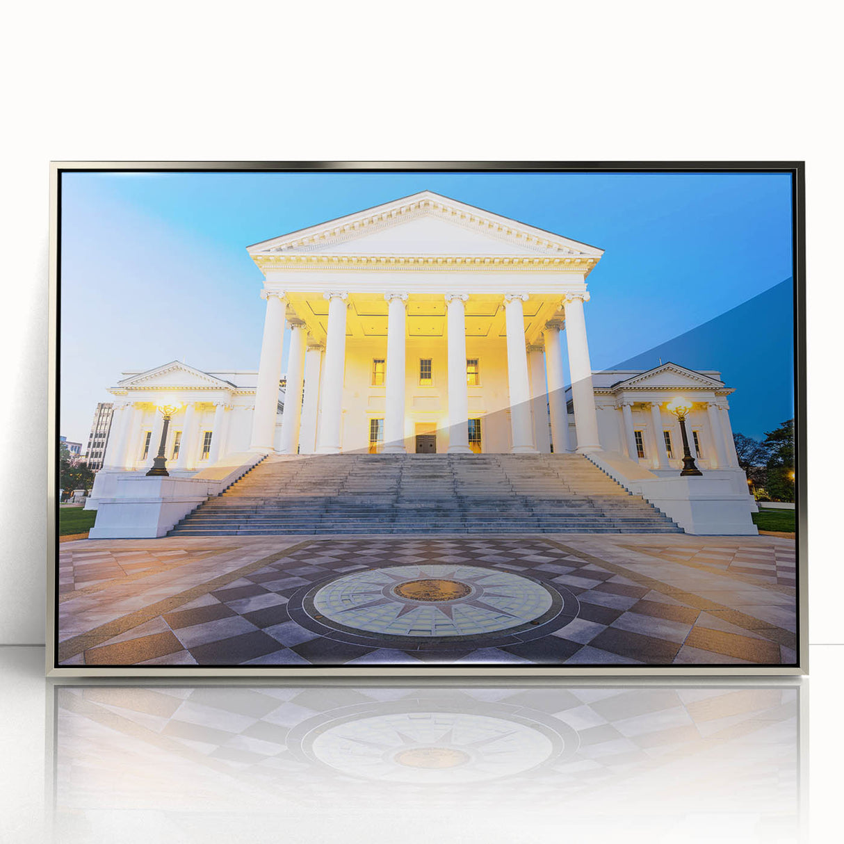 Mid-century modernist art depicting Virginia scenery in muted earth tones on framed acrylic, ideal for nursery wall art.