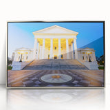 Mid-century modernist art depicting Virginia scenery in muted earth tones on framed acrylic, ideal for nursery wall art.