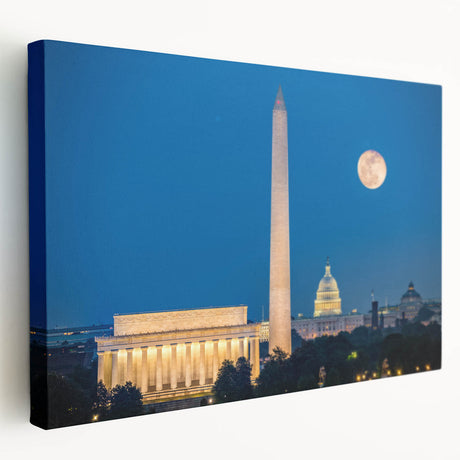 Stretched canvas print of the Washington DC Lincoln Memorial in muted gray and blue tones, suited for kitchen wall art.