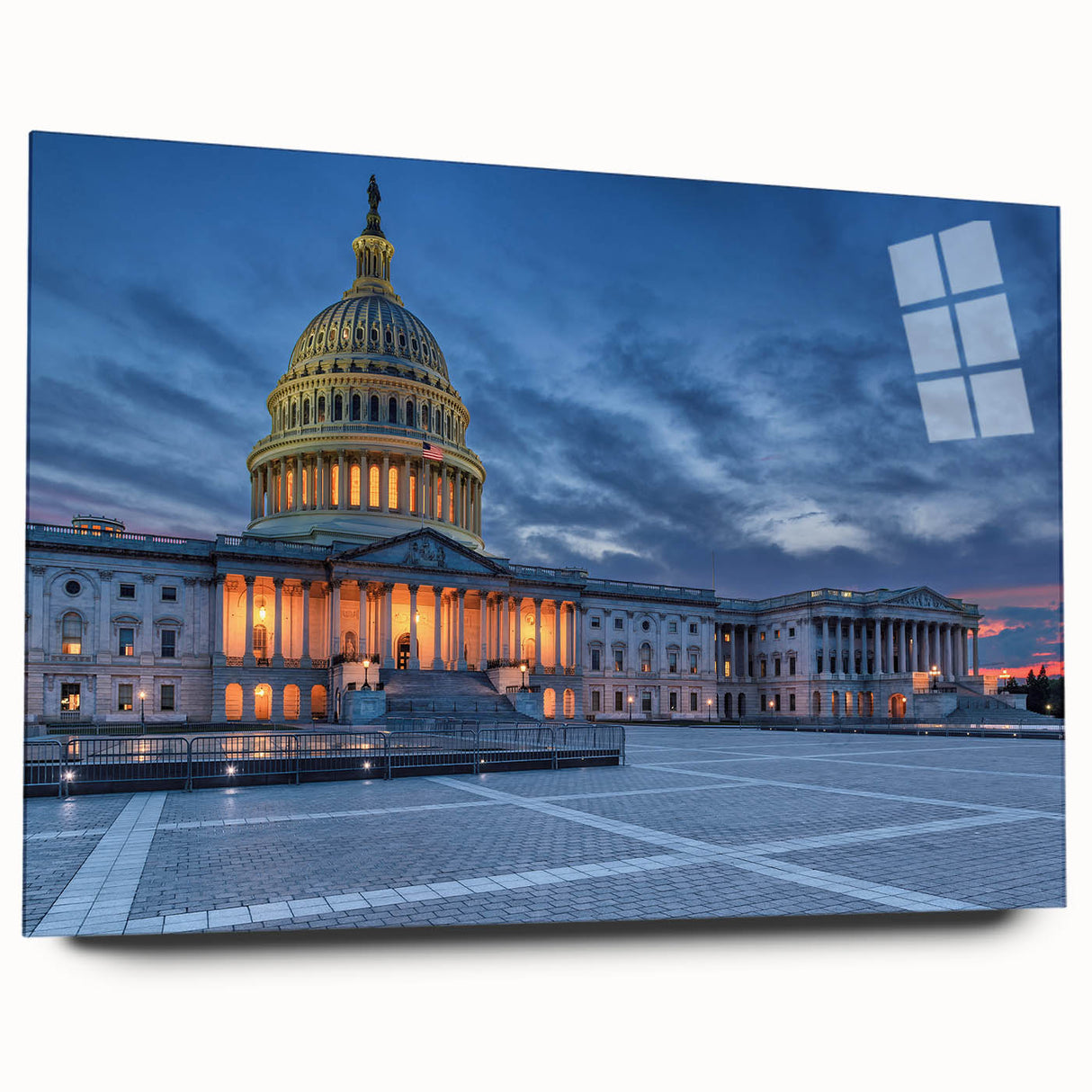 Acrylic print of Washington DC monuments in muted gray tones, ideal for bedroom or dining room art.