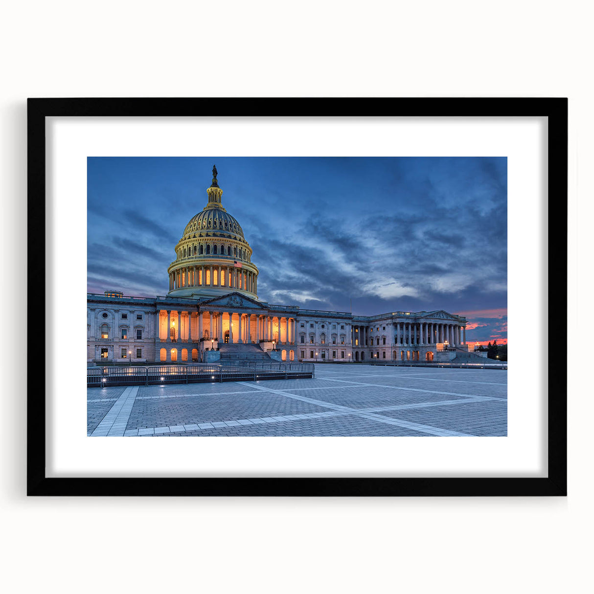 Abstract art print of Washington DC monuments in vibrant, colorful hues on a large textured canvas.