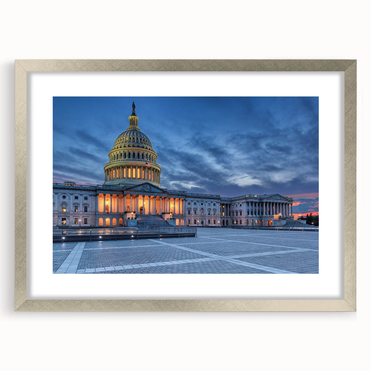 Textured art print of Washington D.C. monuments in muted gray tones on a framed silver mat, suitable for bedroom decor.