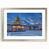 Textured art print of Washington D.C. monuments in muted gray tones on a framed silver mat, suitable for bedroom decor.