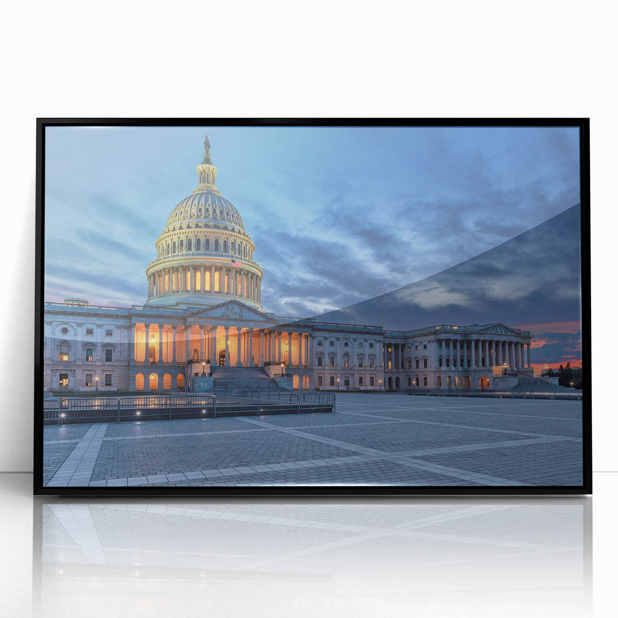 Large abstract wall art depicting the Washington DC monument in muted gray tones on a framed acrylic.