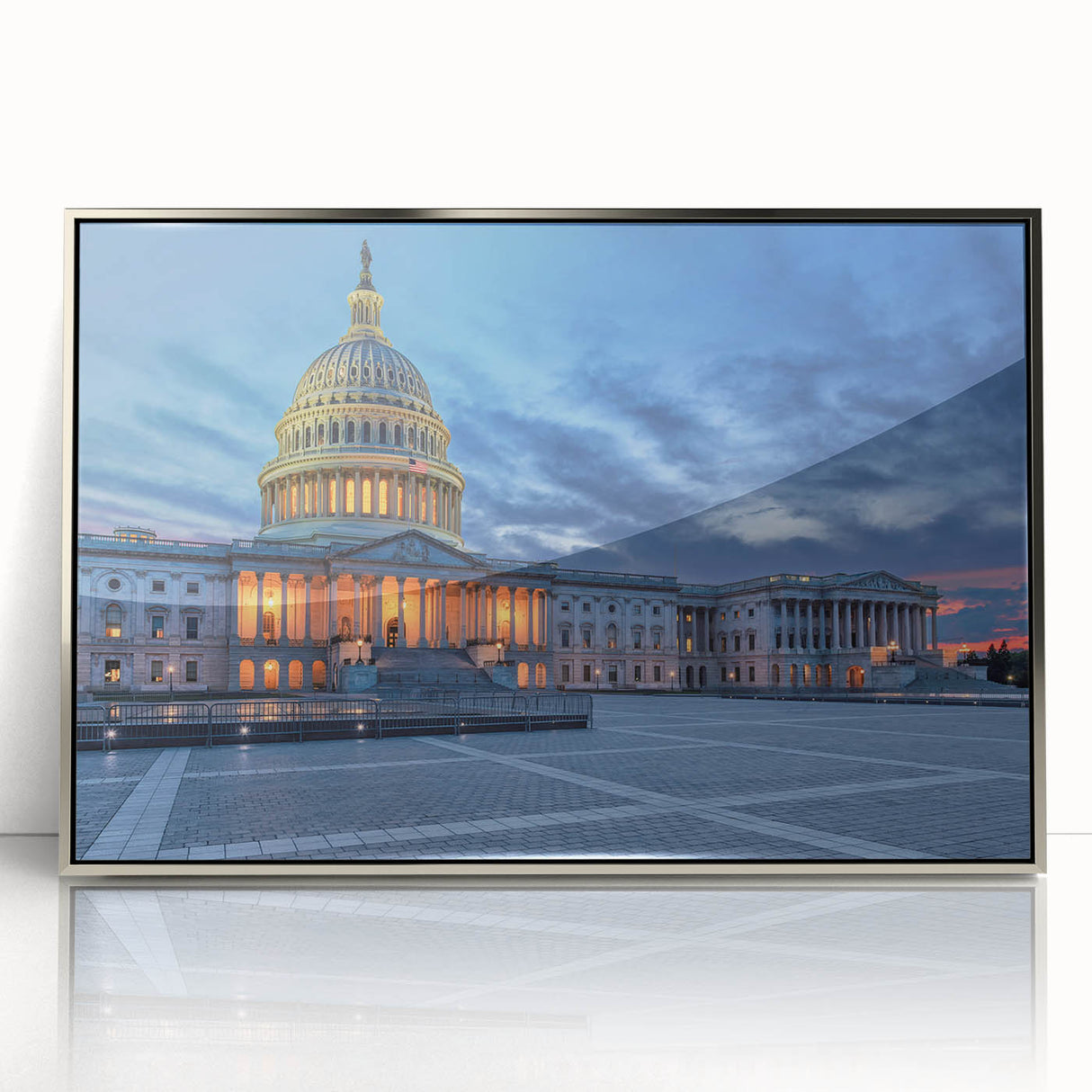 Large art print of Washington DC monument in muted gray tones on silver-framed acrylic, suitable for modern art wall decor.