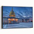 Black and white wall art of Washington DC monument landscape on framed canvas, suitable for bedroom decor.