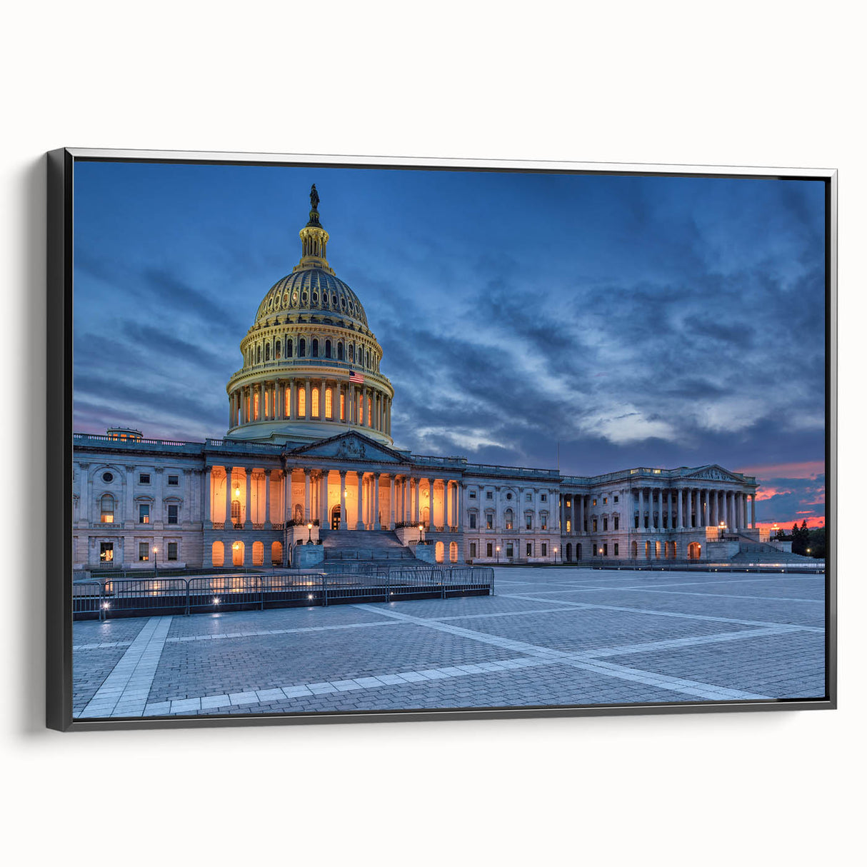 Black and white wall art of Washington DC monument landscape on framed canvas, suitable for bedroom decor.