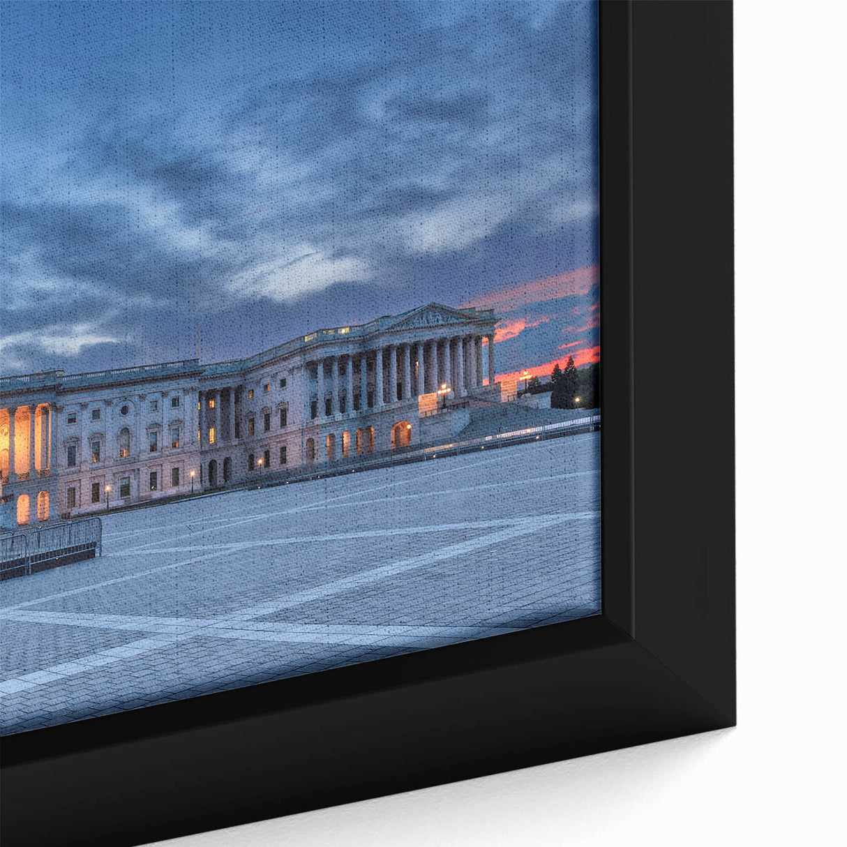 Black wall art featuring a textured depiction of the Washington DC monument in colorful art style, framed canvas.