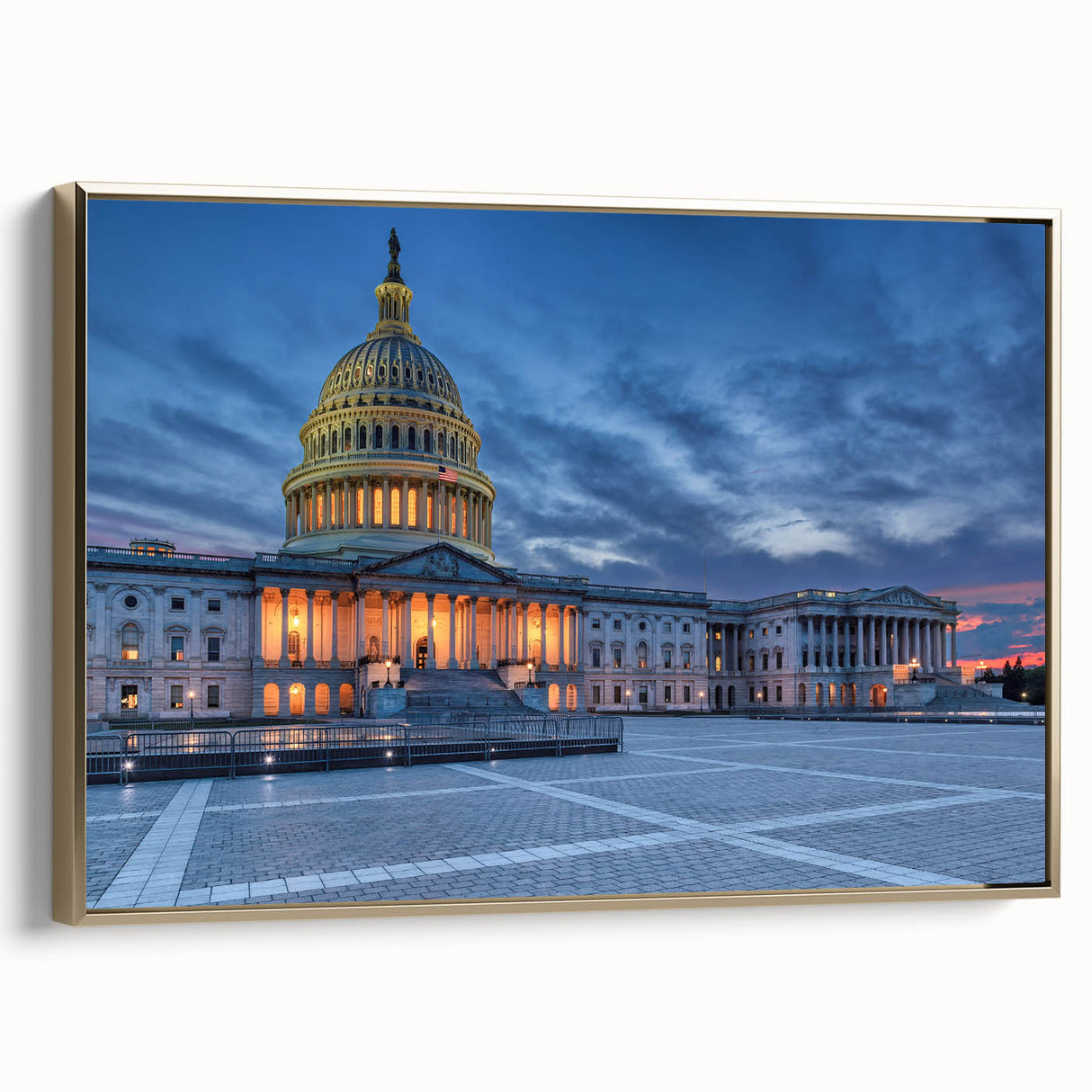Framed canvas of Washington DC monument in vintage poster style with a black and gold color scheme.