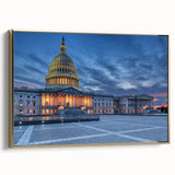 Framed canvas of Washington DC monument in vintage poster style with a black and gold color scheme.