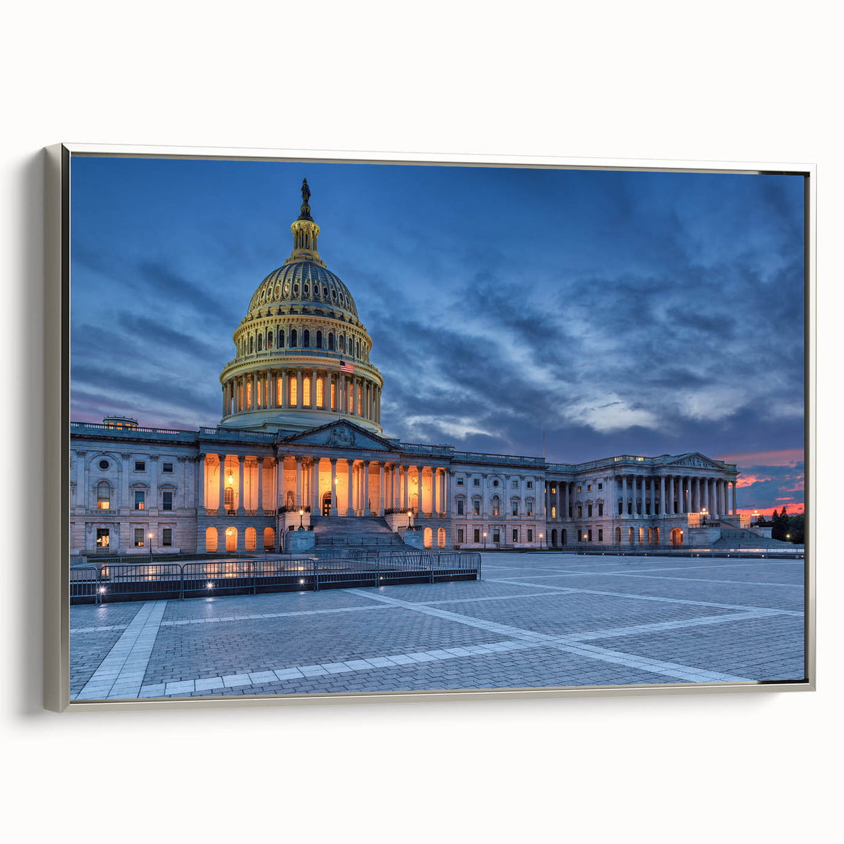 Framed canvas landscape art painting featuring the Washington DC monument in black with colorful accents.