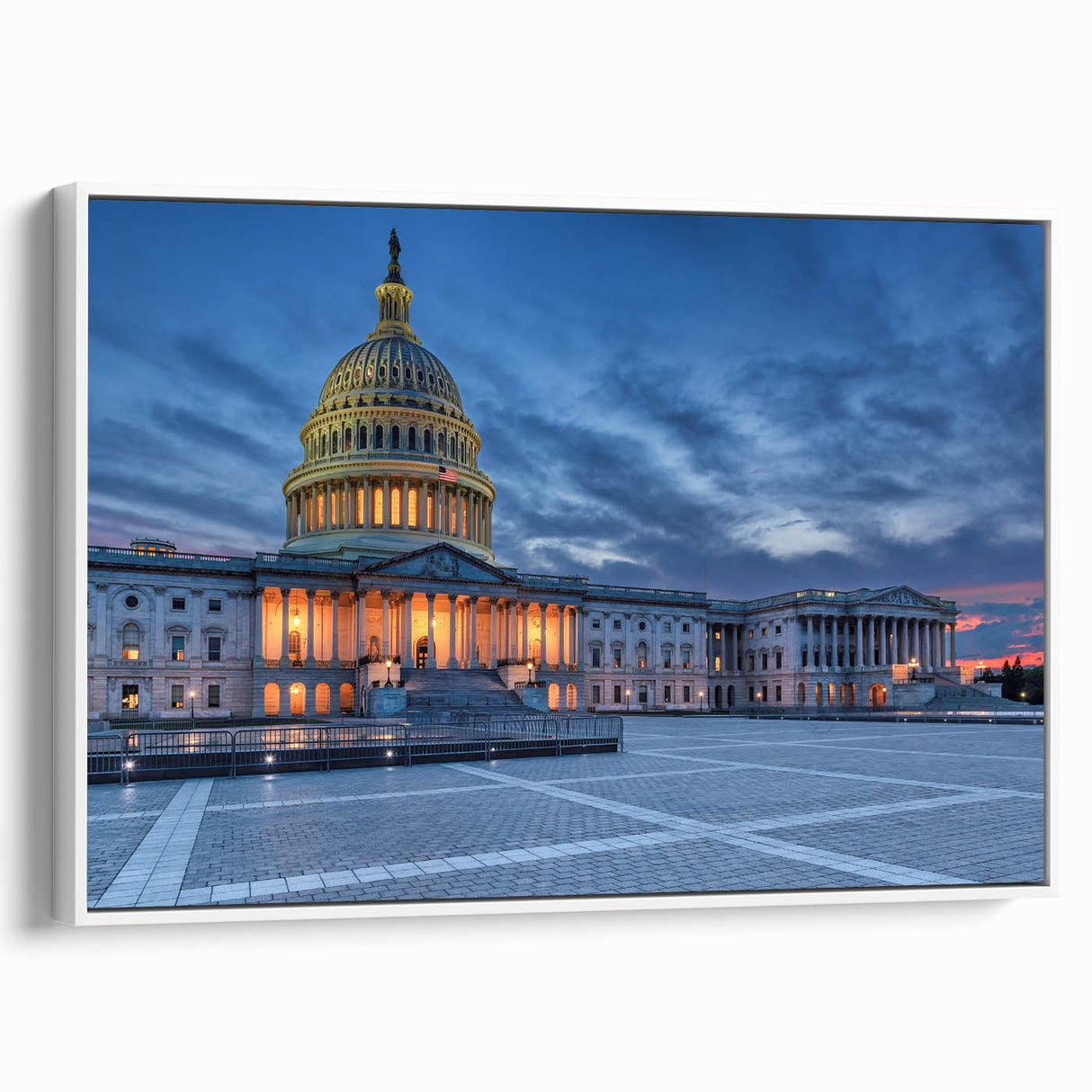 Vintage poster art of Washington D.C. monuments in muted colors on a framed canvas, ideal for living room decor.