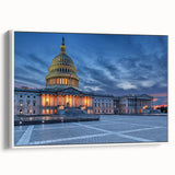 Vintage poster art of Washington D.C. monuments in muted colors on a framed canvas, ideal for living room decor.