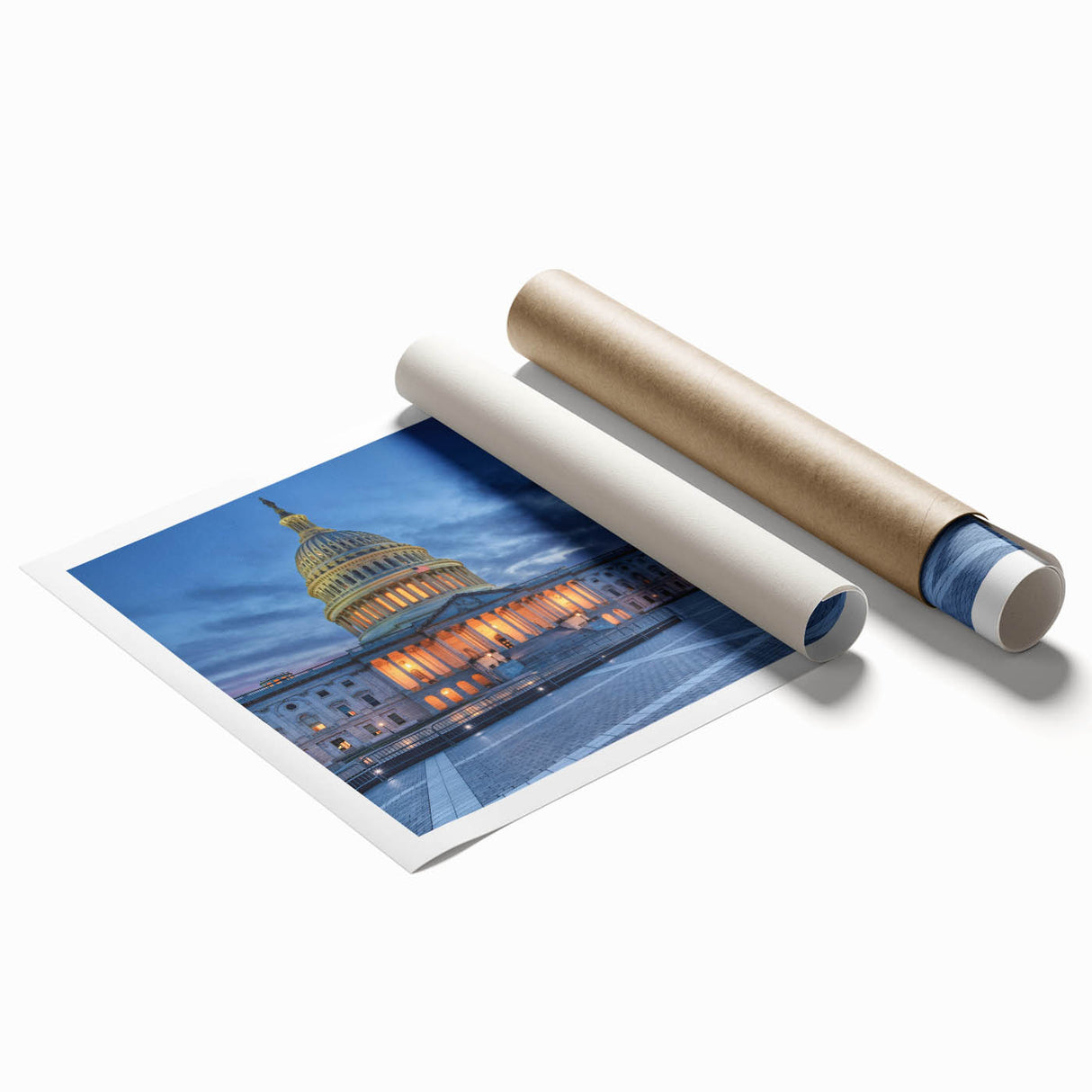 Rolled print of Washington DC monument scenery in soft grayscale tones, suitable for classy bathroom wall art.