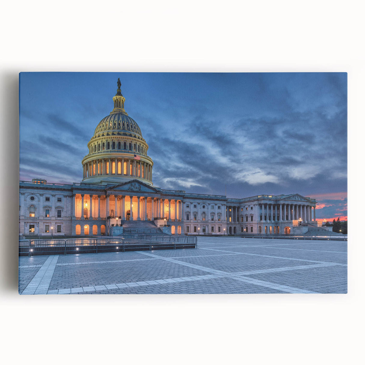 Black and white image of the Washington DC monument on a stretched canvas, suitable as large kitchen wall art.