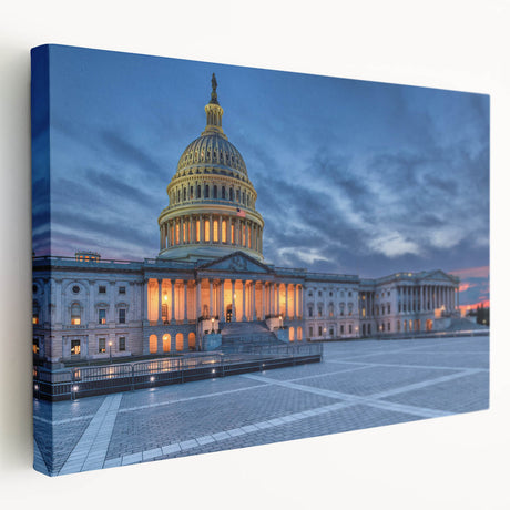 Washington DC monument scenery on stretched canvas, featuring soft gray and white tones, ideal for kitchen wall art.