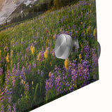 Large abstract depiction of Mount Rainier in muted earth tones on acrylic glass, ideal for dining room art.