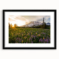 Extra large abstract art print of Mount Rainier in vibrant, textured colors on a framed canvas, ideal for living room decor.