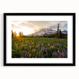 Extra large abstract art print of Mount Rainier in vibrant, textured colors on a framed canvas, ideal for living room decor.