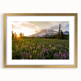 Extra large abstract art print of Mount Rainier in pastel shades on a gold-framed canvas, ideal for living room decor.