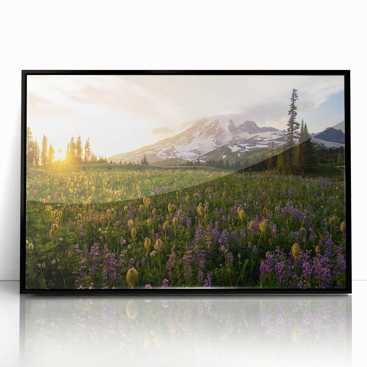 Large abstract wall art depicting Mount Rainier in muted earth tones on a framed acrylic, ideal for modern living room decor.
