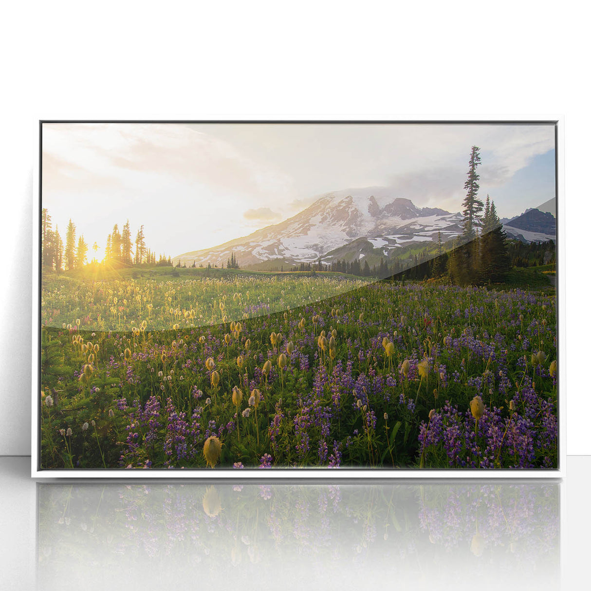Modern art wall decor featuring Mount Rainier, in muted earth tones on a framed acrylic, suitable for nursery settings.