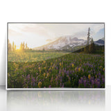 Modern art wall decor featuring Mount Rainier, in muted earth tones on a framed acrylic, suitable for nursery settings.