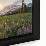 Framed canvas of Mount Rainier with textured strokes in black and vibrant colors, suitable for large living room walls.