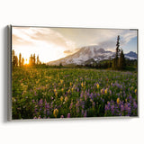 Framed canvas landscape art painting featuring Mount Rainier with a backdrop of colorful sky, ideal for living room decor.