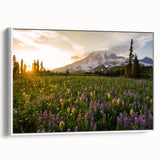 Vintage poster art of Mount Rainier with a white frame, featuring muted earth tones, ideal for living room decor.