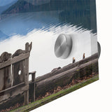 Large abstract wall art depicting the Olympic scenery in muted earth tones on acrylic glass, ideal for dining room ambiance.