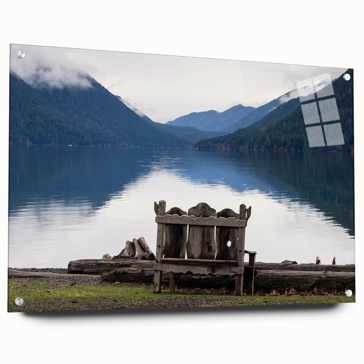 Large abstract wall art of Olympic National Park on acrylic glass, featuring earthy green and blue tones.