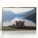 Mid-century modernist style large art print of Olympic National Park, framed in acrylic with gold tones.