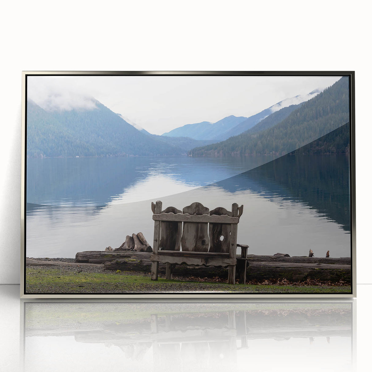 Mid-century modernist art depicting Olympic National Park in muted earth tones on a silver-framed acrylic print.
