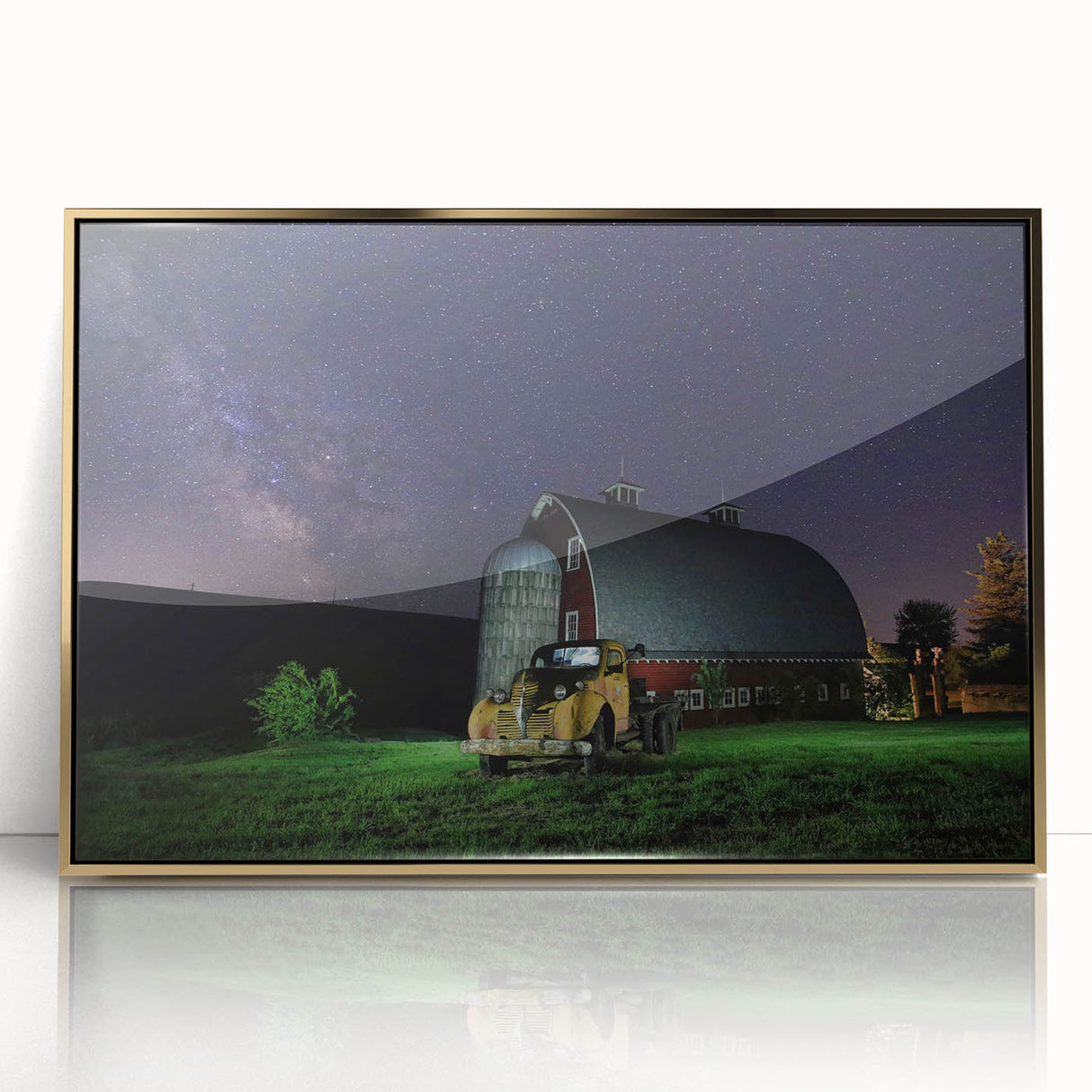 Mid-century modernist acrylic print of Palouse, Washington in earth tones, framed in gold.