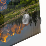 Large abstract depiction of the Grand Tetons in muted earth tones on acrylic glass, ideal for dining room art.