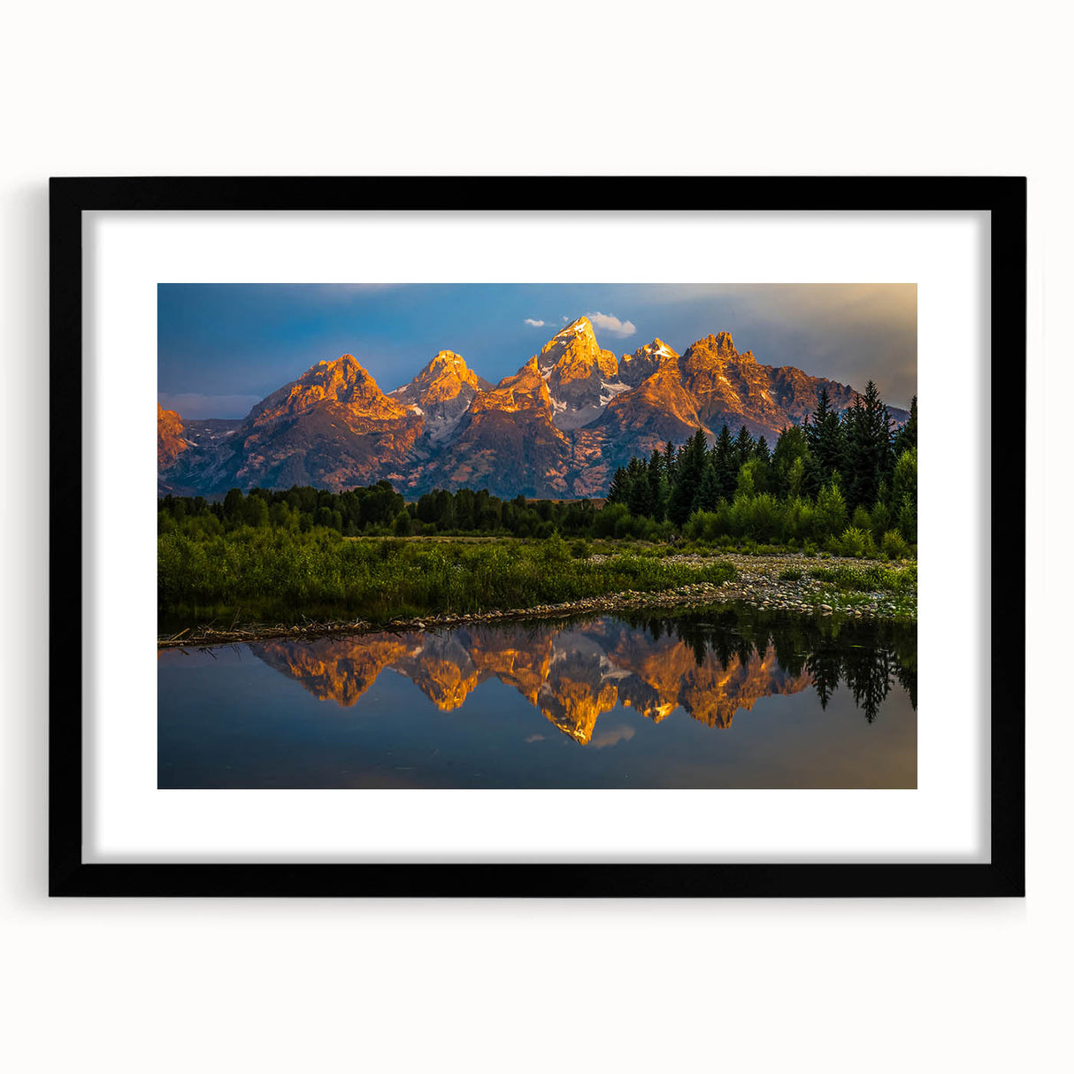 Abstract art print of Wyoming's Grand Tetons in vibrant colors on a textured, extra-large canvas, framed in black.