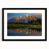 Abstract art print of Wyoming's Grand Tetons in vibrant colors on a textured, extra-large canvas, framed in black.