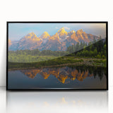 Large abstract wall art depicting the Grand Tetons, framed in black acrylic, with mid-century modernist influences.