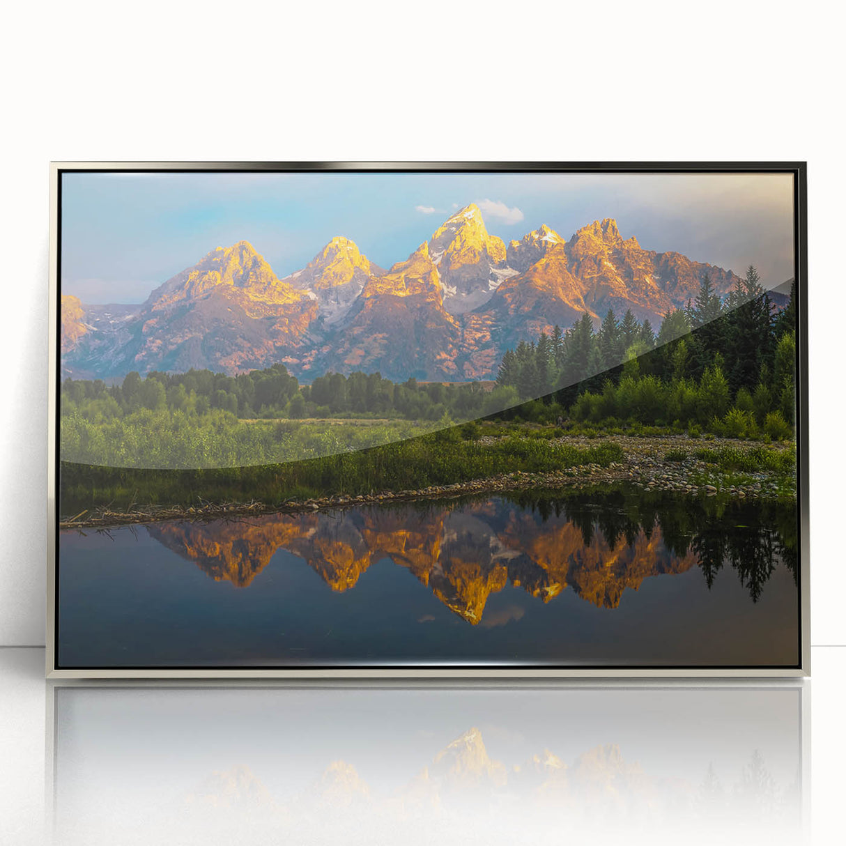 Mid-century modernist art of Grand Tetons in muted earth tones, silver-framed acrylic, ideal for modern art wall decor.