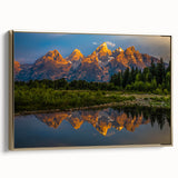 Framed canvas depicting the Grand Tetons landscape in muted earth tones, ideal for bedroom wall art.