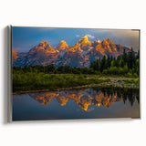 Framed canvas landscape art painting depicting the Grand Tetons in muted earth tones, ideal for living room decor.