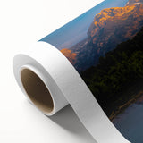 Art deco poster of the Grand Tetons in muted earth tones on rolled canvas, ideal for nursery wall art.